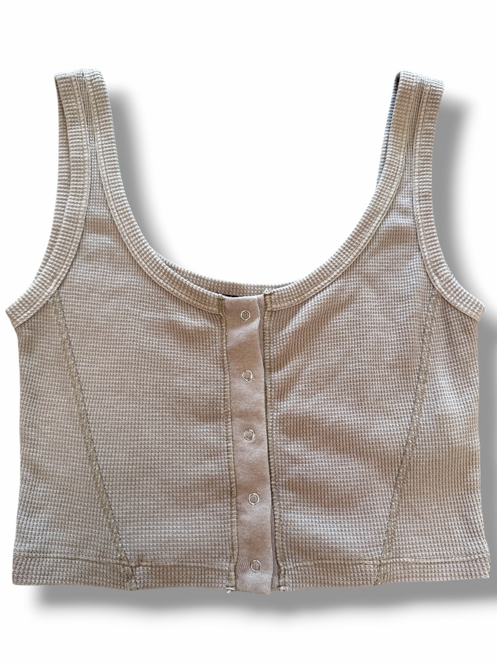 Forever 21 Beige Tan Taupe Waffle Knit Henley Sleeveless Crop Tank Top sz Small - Picture 2 of 5